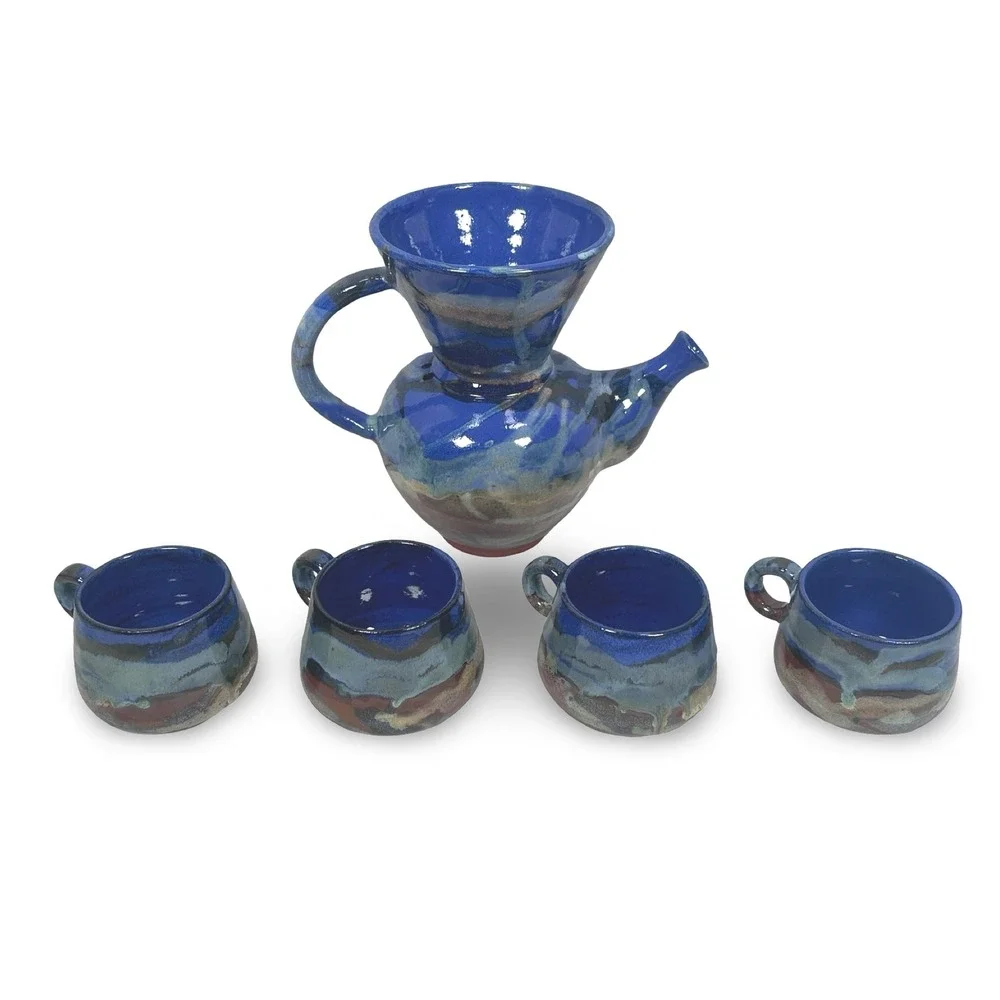 Carlos Marin Pottery Costa Rica Vandola Pour Coffee Set Blue Brown Glaze 4 Mugs